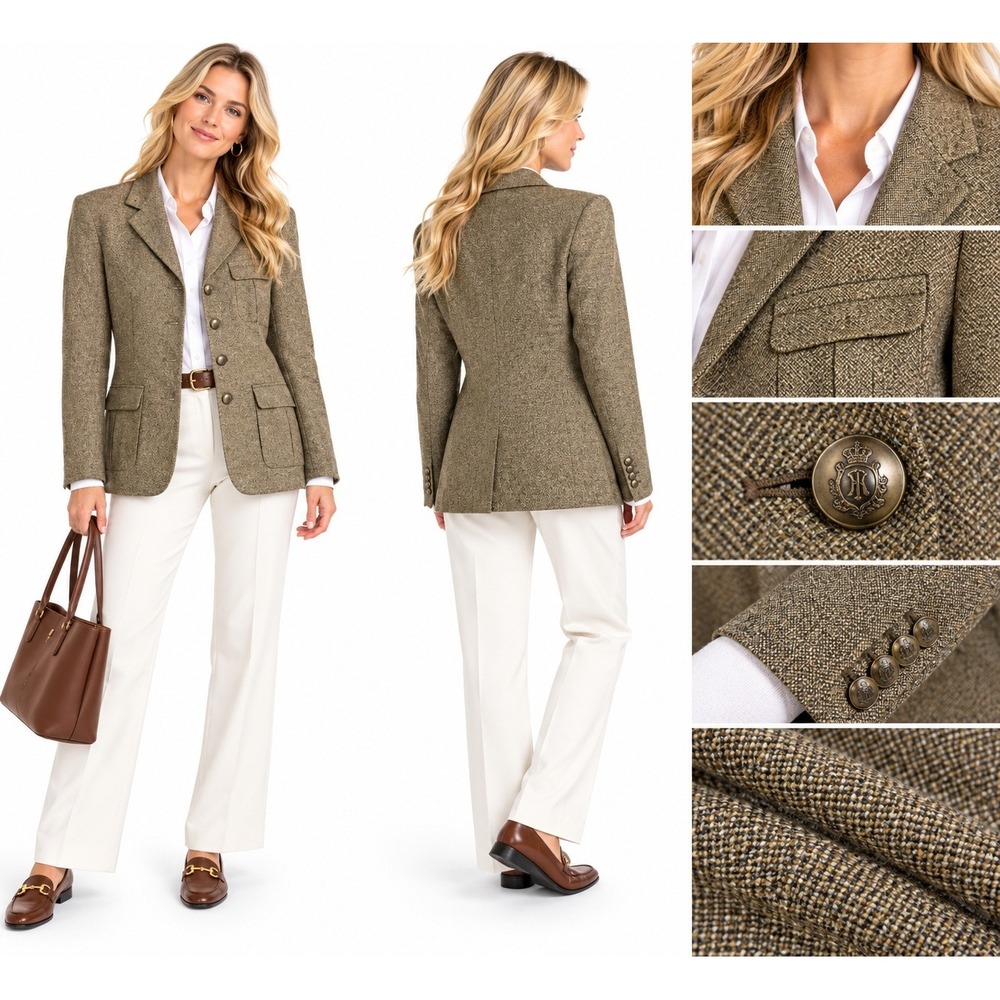 Lauren Ralph Lauren 10P Blazer Silk Wool Linen Tweed Crest Equestrian Old Money